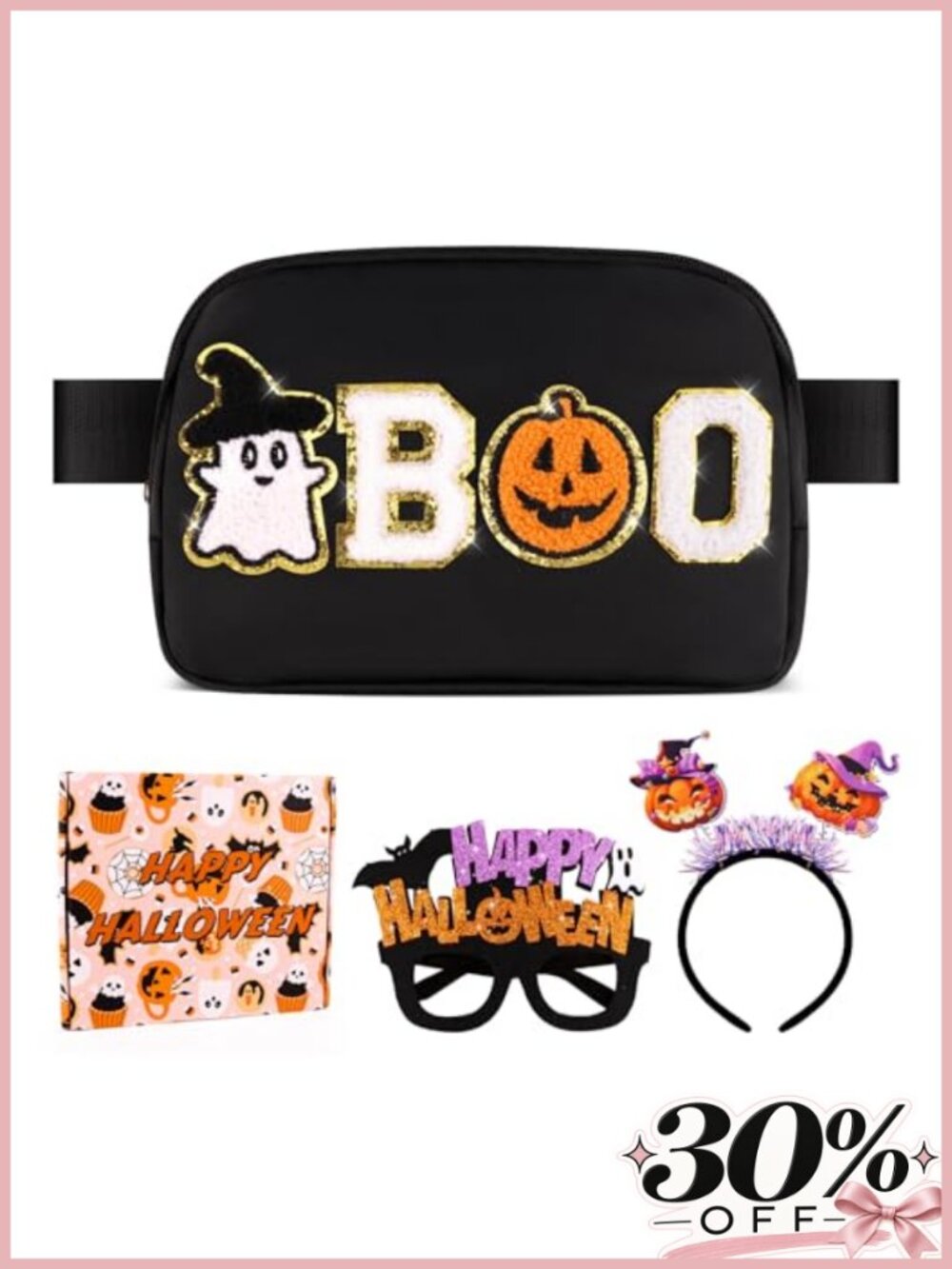 Halloween Belt Bag Set with Ghost Glasses and Headband for Women